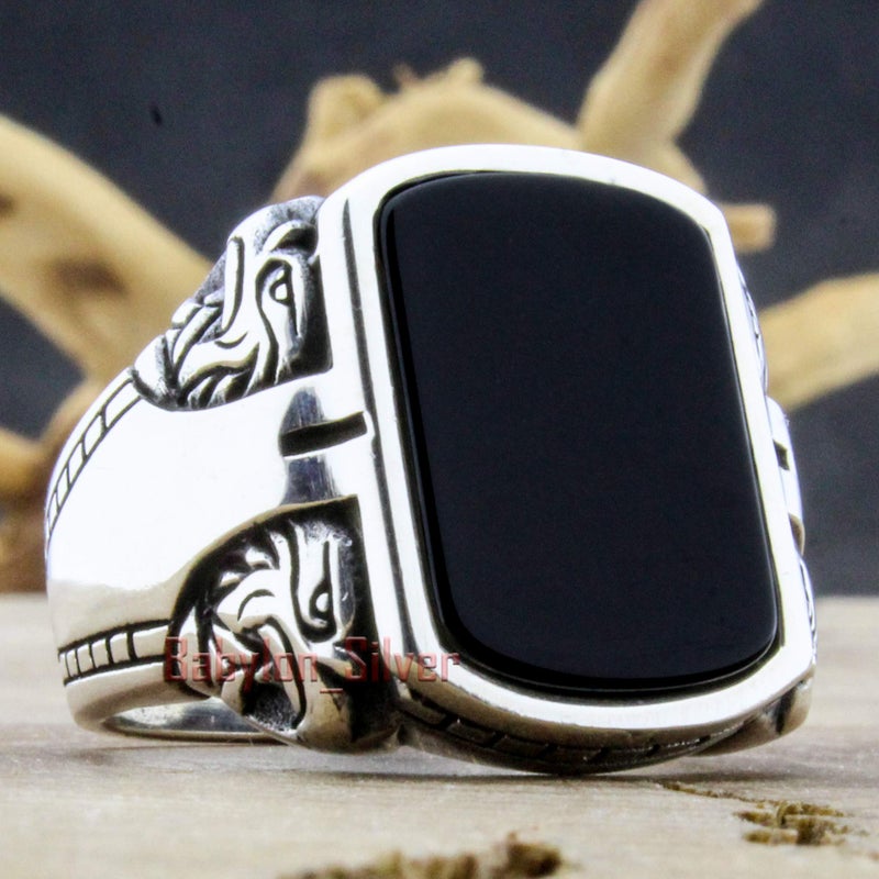 Babylon Silver Solid 925 Sterling Silver Onyx Stone Turkish Handmade Eagle Design Luxury Heavy Men's Ring (12) - Image 2